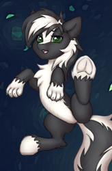 Size: 830x1264 | Tagged: safe, artist:eltaile, derpibooru import, oc, oc:zenawa skunkpony, earth pony, hybrid, skunk, skunk pony, belly, chest fluff, claws, countershading, earth pony oc, featureless crotch, frog (hoof), grass, horses doing horse things, hybrid oc, looking at you, lying down, male, on back, open mouth, paws, raised leg, smiling, smiling at you, solo, stallion, tail, underhoof, unshorn fetlocks