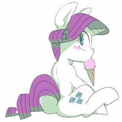 Size: 4000x4000 | Tagged: safe, artist:baigak, derpibooru import, rarity, pony, unicorn, g4, blush sticker, blushing, butt, eating, female, food, ice cream, ice cream cone, looking at you, looking back, looking back at you, mare, plot, rearity, simple background, sitting, solo, spine, white background