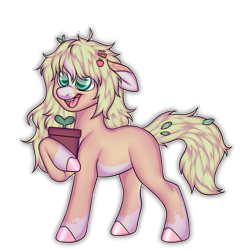 Size: 2000x2000 | Tagged: safe, artist:toshitoki, derpibooru import, oc, oc only, oc:carousel apple, oc:gillyflower, earth pony, pony, earth pony oc, hooves, male, open mouth, open smile, plant, pot, potted plant, raised hoof, raised leg, simple background, smiling, solo, stallion, tail, transparent background
