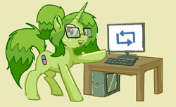 Size: 1351x821 | Tagged: safe, artist:applepost67, derpibooru import, oc, oc only, unicorn, colored, computer, glasses, solo