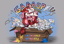 Size: 2000x1400 | Tagged: safe, artist:suniscathorsis, derpibooru import, oc, oc only, oc:rat palette, oc:red palette, pony, rat, unicorn, artist, box, clothes, freckles, funny, gasp, horn, meme, pet, pony in a box, red hair, scarf, striped scarf, unicorn oc