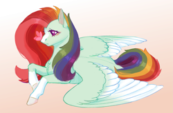 Size: 2355x1543 | Tagged: safe, artist:kefirvorob, derpibooru import, butterfly, pegasus, pony, blushing, coat markings, facial markings, female, fusion, fusion:fluttershy, fusion:rainbow dash, heart, heart eyes, insect on nose, lying down, mare, prone, simple background, solo, star (coat marking), wingding eyes