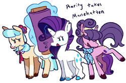 Size: 1280x844 | Tagged: safe, artist:goatpaste, derpibooru import, coco pommel, rarity, suri polomare, earth pony, pony, unicorn, g4, rarity takes manehattan, season 4, fabric, simple background, trio, white background