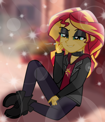 Size: 4944x5760 | Tagged: safe, artist:emeraldblast63, derpibooru import, sunset shimmer, equestria girls, g4, black eyeshadow, boots, choker, cigarette, clothes, eyeshadow, female, jacket, lidded eyes, makeup, shoes, sitting, smiling, smoking, solo, sparkles, spiked choker