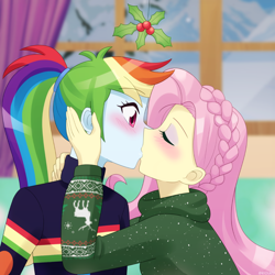 Size: 900x900 | Tagged: safe, artist:riouku, derpibooru import, fluttershy, rainbow dash, human, equestria girls, g4, 2d, alternate hairstyle, blushing, braid, christmas, christmas sweater, clothes, commission, duo, eyes closed, eyeshadow, female, flutterdash, holiday, holly, holly mistaken for mistletoe, indoors, kiss on the lips, kissing, lesbian, long sleeves, makeup, ponytail, shipping, snow, sweater, sweatershy, window