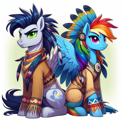 Size: 1024x1024 | Tagged: safe, ai content, derpibooru import, generator:bing image creator, machine learning generated, rainbow dash, soarin', pegasus, pony, g4, female, headdress, male, mare, prompter:*rainbow dash*, shipping, soarindash, spread wings, stallion, straight, wings