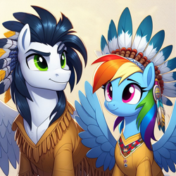 Size: 1024x1024 | Tagged: safe, ai content, derpibooru import, generator:bing image creator, machine learning generated, rainbow dash, soarin', g4, female, headdress, male, prompter:*rainbow dash*, shipping, soarindash, spread wings, straight, wings