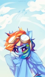 Size: 1195x2048 | Tagged: safe, artist:vanilla-chan, derpibooru import, rainbow dash, pegasus, pony, g4, chest fluff, cloud, cute, dashabetes, eye clipping through hair, eyebrows, eyebrows visible through hair, female, goggles, goggles on head, looking at you, mare, sky, solo, wings