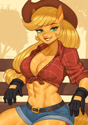 Size: 1754x2480 | Tagged: safe, artist:nire, derpibooru import, edit, editor:spookitty, applejack, anthro, g4, abs, ambiguous facial structure, applejack's hat, applerack, boob freckles, breasts, chest freckles, cleavage, clothes, cowboy hat, denim, denim shorts, female, freckles, front knot midriff, gloves, hat, looking at you, midriff, muscles, muscular female, shirt, shorts, smiling, smiling at you, solo, stupid sexy applejack, sweat