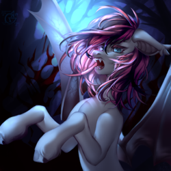 Size: 1200x1200 | Tagged: safe, artist:ryusya, derpibooru import, bat pony, female, forest background, solo, spread wings, vampire bat pony, wings