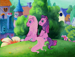 Size: 800x600 | Tagged: safe, derpibooru import, screencap, pinkie pie (g3), skywishes, earth pony, pony, friends are never far away, g3, duo, flower, grass, hill, house, outdoors, sitting, tree