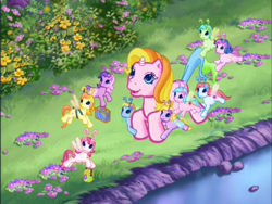 Size: 800x600 | Tagged: safe, derpibooru import, screencap, rarity (g3), tiddlywink, tra-la-la, zipzee, breezie, pony, unicorn, g3, the runaway rainbow, bush, flower, grass, lying down, outdoors, prone, river, sploot, unicornia, water