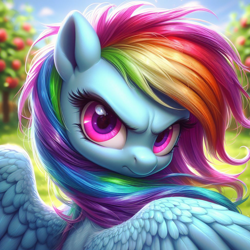 Size: 1024x1024 | Tagged: safe, ai content, derpibooru import, generator:dall-e 3, machine learning generated, rainbow dash, pegasus, pony, g4, angry, apple, apple orchard, blurry background, female, food, frown, glare, grass, if looks could kill, looking at you, looking back, looking back at you, mare, orchard, outdoors, prompter:tyto4tme4l, rainbow dash is not amused, sky, solo, spread wings, unamused, wings