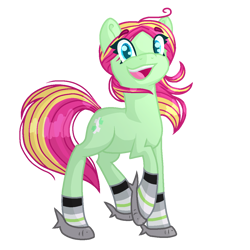 Size: 1200x1200 | Tagged: safe, artist:lindasaurie, derpibooru exclusive, derpibooru import, oc, oc only, oc:strawi dinosaur, earth pony, pony, 2024 community collab, agender, agender pride flag, clothes, colored lineart, derpibooru community collaboration, earth pony oc, eye clipping through hair, eyebrows, eyebrows visible through hair, happy, looking at you, open mouth, ponysona, ponytail, pride, pride flag, simple background, slippers, socks, solo, transparent background