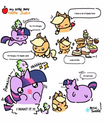 Size: 1722x2047 | Tagged: safe, artist:petaltwinkle, derpibooru import, applejack, spike, twilight sparkle, unicorn twilight, dragon, earth pony, pony, unicorn, friendship is magic, g4, apple, apple fritter (food), belly, belly bed, belly on floor, cake, chest fluff, comic, cupcake, dialogue, drool, fat, female, food, impossibly large belly, male, mare, parody, pie, riding, simple background, speech bubble, spike riding twilight, stuffed, tail, tail wrap, trio, twilard sparkle, uwu, white background