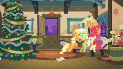 Size: 1333x750 | Tagged: safe, derpibooru import, edit, edited screencap, screencap, apple bloom, applejack, big macintosh, granny smith, earth pony, apple family reunion, g4, apple family, christmas, christmas tree, female, filly, foal, holiday, male, mare, stallion, tree