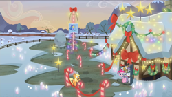 Size: 1333x750 | Tagged: safe, derpibooru import, edit, edited screencap, screencap, applejack, cloudy quartz, igneous rock pie, limestone pie, marble pie, pinkie pie, g4, hearthbreakers, bell, bow, candy, candy cane, christmas, christmas decoration, christmas lights, christmas morning, decoration, flag of equestria, food, happy, hearth's warming, holiday, pie family, pie family home, pie sisters, rock farm, siblings, sisters, stars, wreath