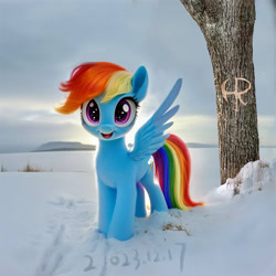 Size: 3200x3200 | Tagged: safe, ai content, derpibooru import, edit, editor:henry forewen, machine learning generated, rainbow dash, pegasus, pony, cute, dashabetes, fluffy, initials, irl, looking at you, photo, photoshop, ponies in real life, prompter:siber, snow, solo, tree