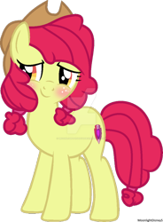 Size: 600x817 | Tagged: safe, alternate version, artist:thatonefluffs, derpibooru import, apple bloom, earth pony, pony, g4, alternate hairstyle, blushing, deviantart watermark, female, mare, obtrusive watermark, older, older apple bloom, simple background, solo, transparent background, watermark