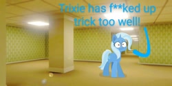 Size: 800x399 | Tagged: safe, artist:c4n4ry0nl1n3, derpibooru import, edit, trixie, pony, unicorn, g4, censored, censored vulgarity, it was at this moment that she knew she fucked up, solo, the backrooms, this ended in pain, this will end in tears