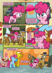 Size: 1920x2715 | Tagged: safe, artist:alexdti, derpibooru import, carrot cake, cup cake, igneous rock pie, pinkie pie, earth pony, pony, comic:how we met, g4, cart, cupcake, female, filly, filly pinkie pie, foal, food, younger