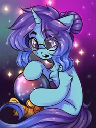 Size: 1200x1600 | Tagged: safe, artist:falafeljake, derpibooru import, oc, oc only, pony, unicorn, chest fluff, commission, eye clipping through hair, eyebrows, eyebrows visible through hair, female, glasses, horn, looking at something, magic orb, mare, open mouth, signature, solo, sparkles, unicorn oc