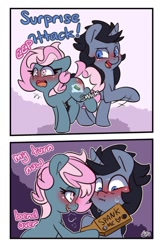 Size: 458x701 | Tagged: safe, artist:lou, derpibooru import, oc, oc only, oc:juicy dream, oc:trent, earth pony, unicorn, earth pony oc, female, horn, male, mare, mare oc, paddle, spanking, stallion, stallion oc, truicy, unicorn oc