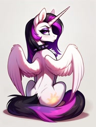 Size: 1536x2048 | Tagged: safe, ai content, derpibooru import, generator:easyfluff v11.2, machine learning generated, princess celestia, alicorn, pony, g4, alternate hairstyle, back fluff, butt, chest fluff, choker, female, frown, goth, head turn, lidded eyes, looking at you, looking back, looking back at you, mare, partially open wings, prompter:siber, punklestia, rear view, simple background, sitting, slender, solo, spiked choker, spine, spread wings, thin, wing fluff, wings