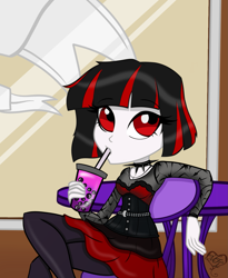 Size: 1347x1642 | Tagged: safe, artist:tillypony, derpibooru import, oc, oc only, oc:raven moon, human, undead, vampire, equestria girls, beautiful, bubble tea, cute, drink, female, goth, red eyes, short hair, solo