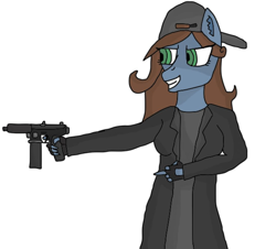 Size: 968x877 | Tagged: safe, artist:gazkappe, derpibooru import, oc, anthro, clothes, fingerless gloves, gloves, gun, hat, middle finger, simple background, trenchcoat, vulgar, weapon, white background