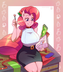 Size: 1049x1202 | Tagged: safe, artist:traupa, derpibooru import, pinkie pie, anthro, g4, alternate hairstyle, breasts, clothes swap, female, holiday, personality swap, pinkie pies, sitting, solo