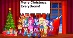 Size: 4480x2382 | Tagged: safe, artist:homersimpson1983, derpibooru import, applejack, fluttershy, pinkie pie, rainbow dash, rarity, sunset shimmer, twilight sparkle, human, equestria girls, g4, christmas, christmas lights, christmas tree, female, holiday, merry christmas, present, tree