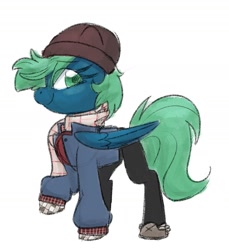 Size: 1705x1862 | Tagged: safe, artist:lbrcloud, derpibooru import, oc, oc only, oc:emerald, pegasus, pony, clothes, female, hat, jacket, looking back, mare, raised hoof, raised leg, scarf, simple background, smiling, solo, white background, winter outfit