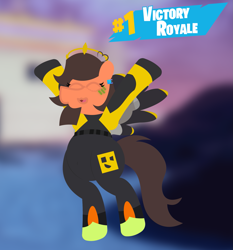 Size: 1837x1973 | Tagged: safe, artist:epsipeppower, derpibooru import, oc, oc only, oc:robertapuddin, bipedal, cheering, d'ark, fortnite, happy, solo, victory royale