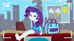 Size: 1280x720 | Tagged: safe, artist:paco777yuyu, derpibooru import, rarity, human, best trends forever, better together, equestria girls, g4, bag, barefoot, feet, female, rarity peplum dress, solo