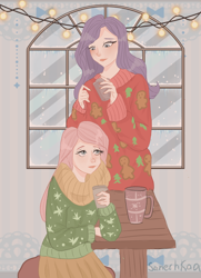 Size: 3736x5174 | Tagged: safe, artist:sanechkaa, derpibooru import, fluttershy, rarity, human, g4, blushing, christmas, christmas lights, christmas sweater, clothes, duo, female, flarity, holiday, humanized, lesbian, looking at each other, looking at someone, mug, shipping, skirt, snow, sweater, table, window