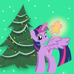 Size: 1400x1400 | Tagged: safe, artist:mlplary6, derpibooru import, twilight sparkle, twilight sparkle (alicorn), alicorn, pony, g4, christmas, christmas star, christmas tree, cute, female, holiday, looking at you, magic, magic aura, mare, merry christmas, smiling, smiling at you, solo, star, tree, twiabetes