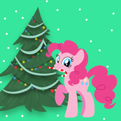 Size: 1400x1400 | Tagged: safe, artist:mlplary6, derpibooru import, pinkie pie, earth pony, pony, g4, candy, candy cane, christmas, christmas tree, cute, diapinkes, female, food, holiday, looking at you, mare, merry christmas, smiling, smiling at you, solo, tree