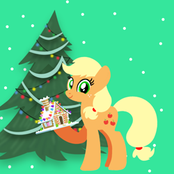 Size: 1400x1400 | Tagged: safe, artist:mlplary6, derpibooru import, applejack, earth pony, pony, g4, blonde, blonde hair, blonde mane, blonde tail, christmas, christmas tree, cute, female, freckles, gingerbread (food), gingerbread house, green eyes, holiday, jackabetes, looking at you, mare, merry christmas, orange coat, orange fur, smiling, smiling at you, solo, tail, tree