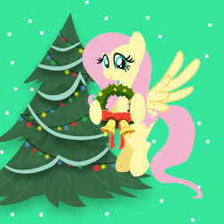 Size: 1400x1400 | Tagged: safe, artist:mlplary6, derpibooru import, fluttershy, pegasus, pony, g4, christmas, christmas tree, cute, female, flying, garland, holiday, looking at you, mare, merry christmas, shyabetes, smiling, smiling at you, solo, tree, wreath