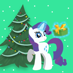 Size: 1400x1400 | Tagged: safe, artist:mlplary6, derpibooru import, rarity, pony, unicorn, g4, aura, christmas, christmas tree, cute, female, holiday, looking at you, magic, magic aura, mare, merry christmas, present, raribetes, smiling, smiling at you, solo, tree