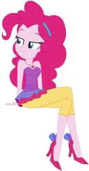 Size: 5017x9581 | Tagged: safe, artist:lobo299, derpibooru import, pinkie pie, human, equestria girls, g4, bare shoulders, clothes, female, high heels, shoes, simple background, sitting, smiling, solo, transparent background