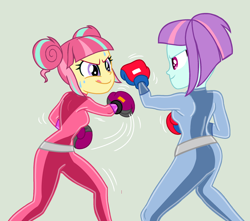 Size: 2178x1925 | Tagged: safe, artist:yaya54320bases, derpibooru import, sour sweet, sunny flare, human, equestria girls, g4, base used, bodysuit, boxing gloves, catsuit, clothes, latex, latex suit, simple background, totally spies