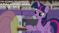 Size: 2000x1125 | Tagged: safe, derpibooru import, edit, edited screencap, editor:quoterific, screencap, fluttershy, twilight sparkle, twilight sparkle (alicorn), alicorn, g4, sweet and smoky, bookshelf, pointing, refrigerator, school of friendship