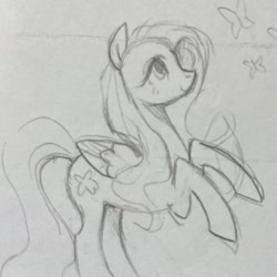 Size: 1542x1542 | Tagged: safe, artist:clowncarpal, derpibooru import, fluttershy, butterfly, pegasus, pony, g4, black and white, female, grayscale, mare, monochrome, sketch, solo, traditional art