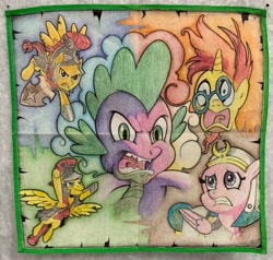 Size: 1280x1220 | Tagged: safe, derpibooru import, idw, flash magnus, somnambula, spike, sunburst, dragon, pegasus, pony, unicorn, g4, legends of magic, spoiler:comic, angry, colored pencil drawing, female, fight, flying, handkerchief, jail, male, mare, prison, shield, shocked, shocked expression, stallion, traditional art, worried