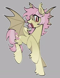 Size: 1645x2129 | Tagged: safe, artist:clowncarpal, derpibooru import, fluttershy, bat pony, pony, g4, bat ponified, fangs, female, flutterbat, gray background, mare, race swap, simple background, solo, spread wings, unshorn fetlocks, wings