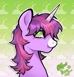 Size: 595x625 | Tagged: safe, artist:clowncarpal, derpibooru import, oc, oc only, pony, unicorn, female, gradient background, mare, patterned background, snaggletooth, solo