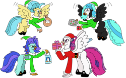 Size: 3153x1944 | Tagged: safe, artist:supahdonarudo, derpibooru import, princess skystar, queen novo, oc, oc:icebeak, oc:sea lilly, classical hippogriff, hippogriff, my little pony: the movie, bag, belt, boots, christmas, clothes, coffee mug, cookie, costume, flying, food, freckles, hat, holding, holiday, mistletoe, mug, present, santa costume, santa hat, shoes, simple background, transparent background, tray