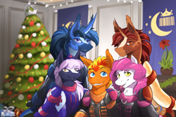 Size: 3600x2400 | Tagged: safe, artist:miramore, derpibooru import, oc, oc only, oc:fireheart(fire), oc:nurse lavender blossom, oc:queen lunaris, oc:queen tiara, oc:storm cloud, alicorn, bat pony, bat pony alicorn, pegasus, bat wings, card, christmas, christmas tree, clothes, cute, family, family photo, fireheart76's latex suit design, hearth's warming eve, holiday, holiday card, horn, latex, latex suit, prisoners of the moon, rubber, rubber suit, tree, wings